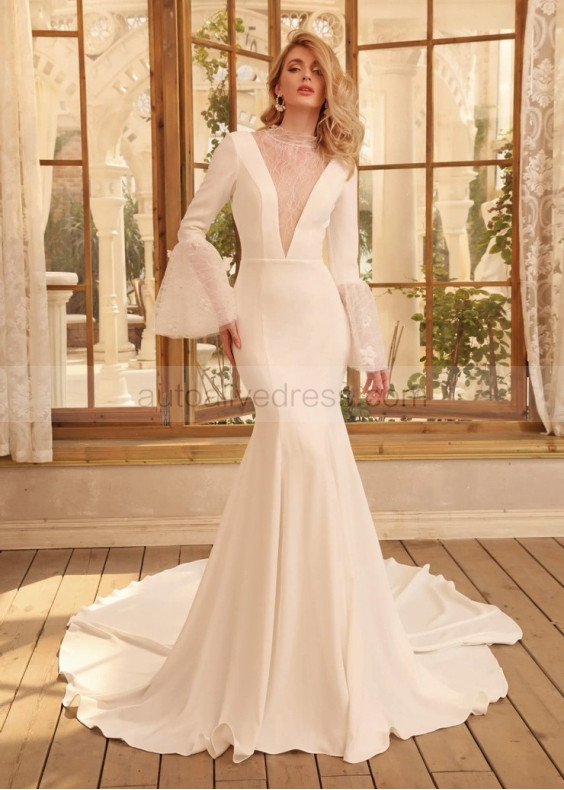 Bell Sleeves Ivory Satin Lace Gorgeous Wedding Dress